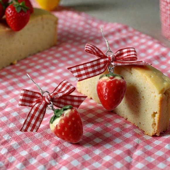 Betsey Johnson Jewelry - BETSEY JOHNSON ENAMELED RED STRAWBERRYS DANGLE EARRINGS WITH BOW DETAIL NWOT